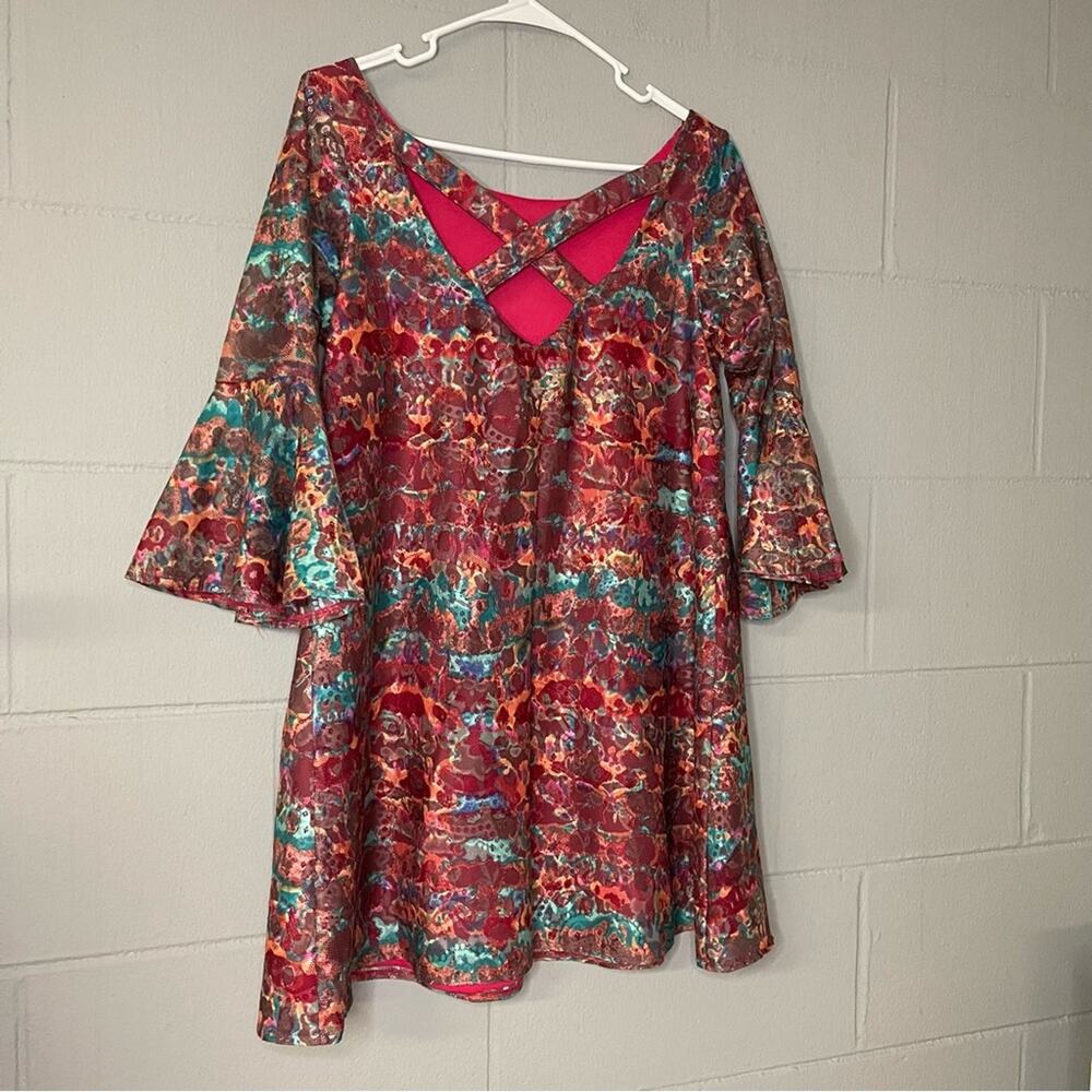 Judith March Bell Sleeve Rainbow Mini Dress Criss Cross Back Women’s Size Medium - Picture 5 of 10